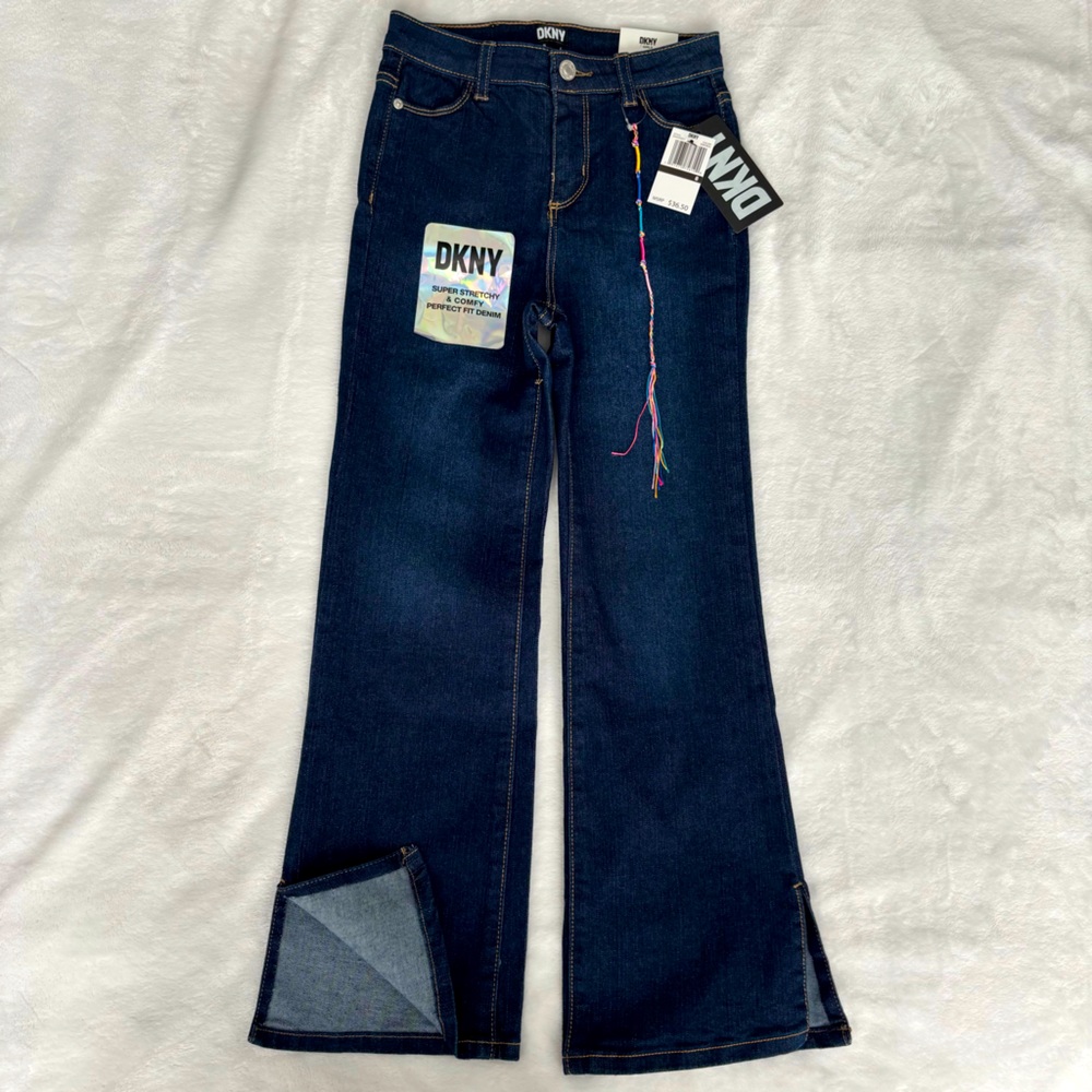 DKNY Girls Full Length Flare Stretch Jeans and Braided Bracelet--NWT--8